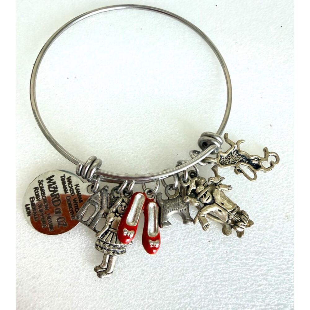 Wizard of Oz Bangle Charm Bracelet Silver Tone Ruby Slippers Dorothy Scarecrow